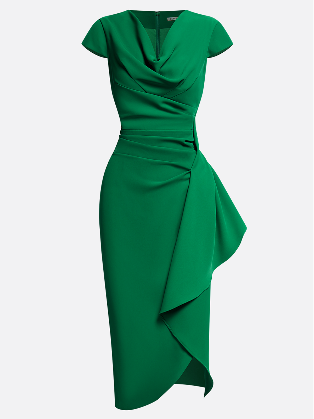 Green Cowl Neck Ruched Cap Sleeve Sheath Midi Dress