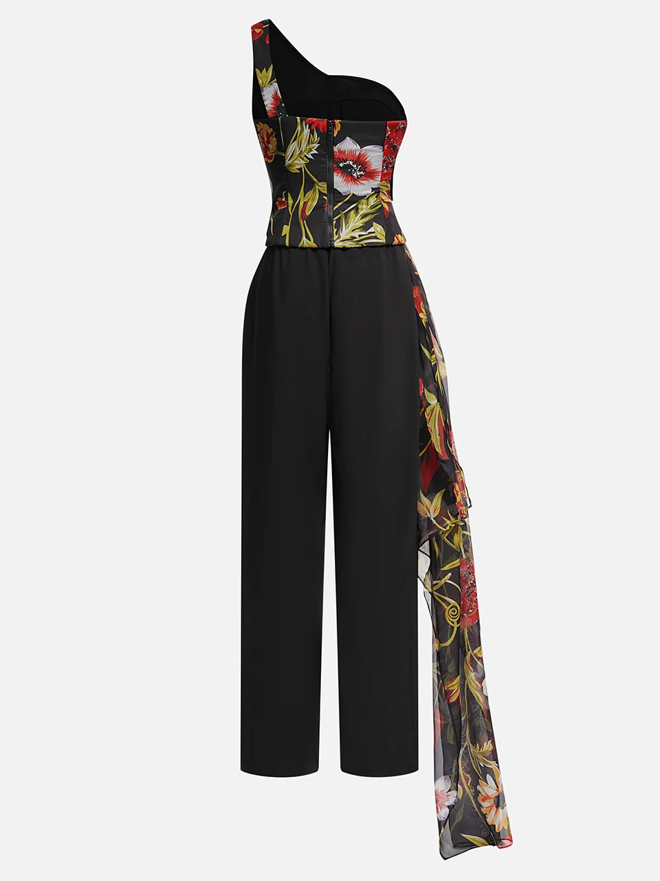 Women Black Floral One-Shoulder Chiffon Two-Piece Set