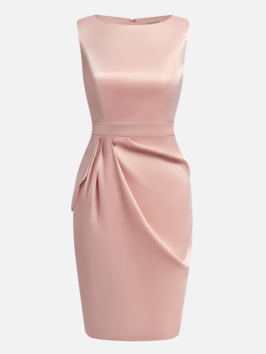 Pink Ruched Boat Neck Sleeveless Satin Sheath Midi Dress