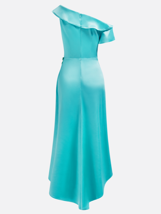 Cyan One-Shoulder Slit A-Line Maxi Dress