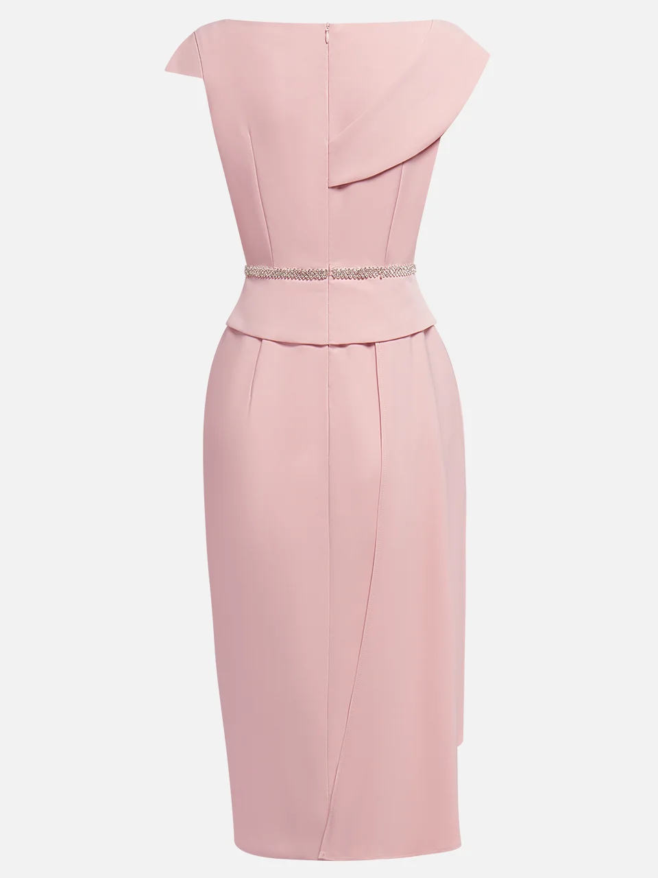 Pink Asymmetrical Neck Cap Sleeve Rhinestone A-Line Midi Dress 