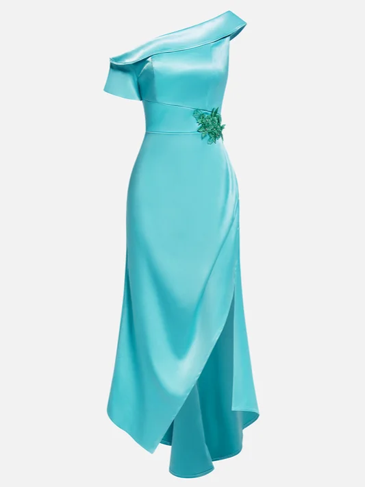 Cyan One-Shoulder Slit A-Line Maxi Dress