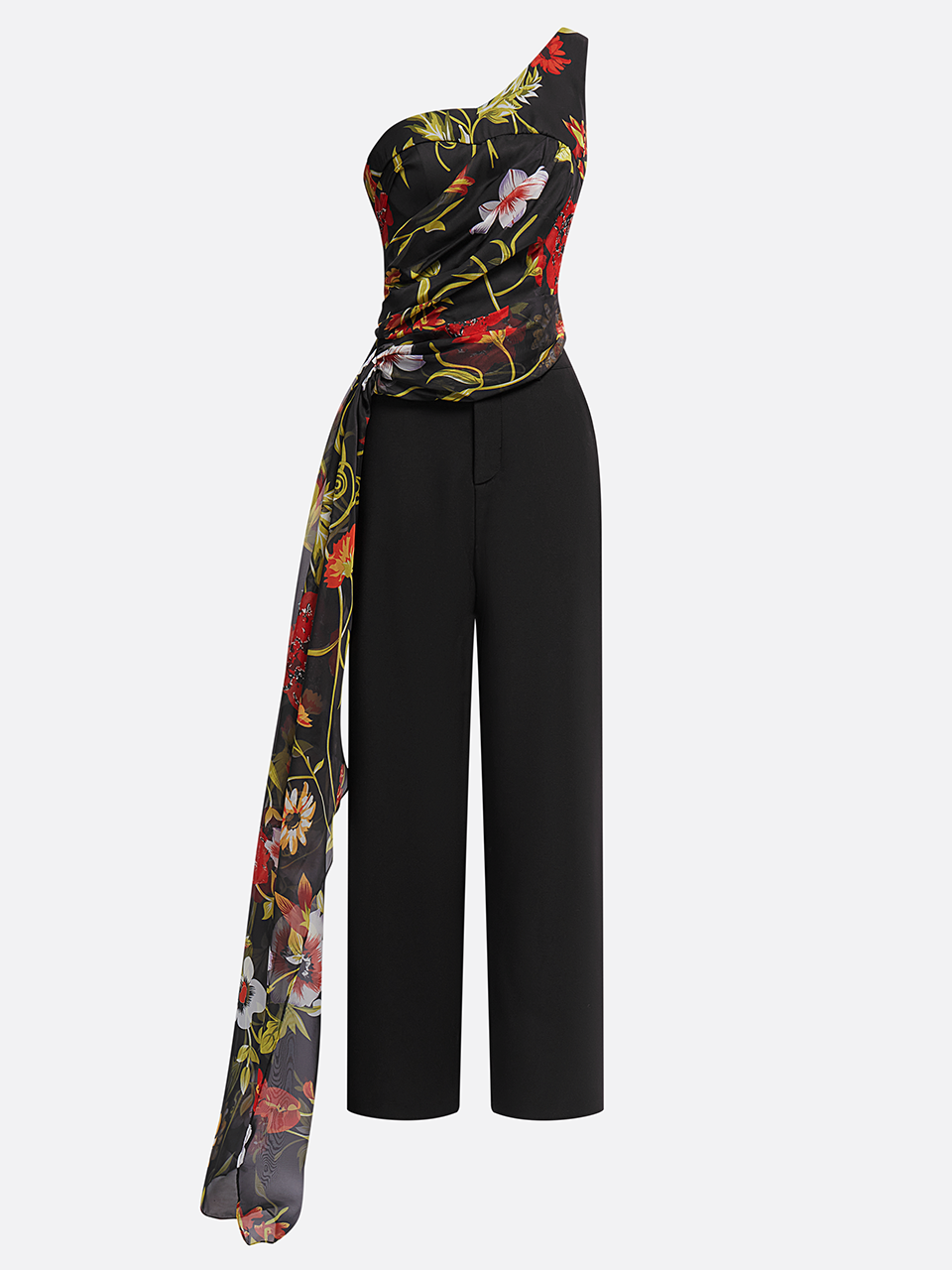 Women Black Floral One-Shoulder Chiffon Two-Piece Set