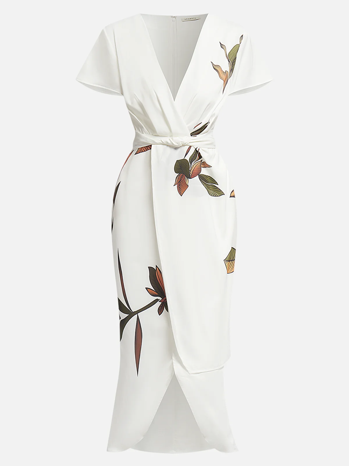 White Leaf Short Sleeve Satin Wrap Sheath Midi Dress