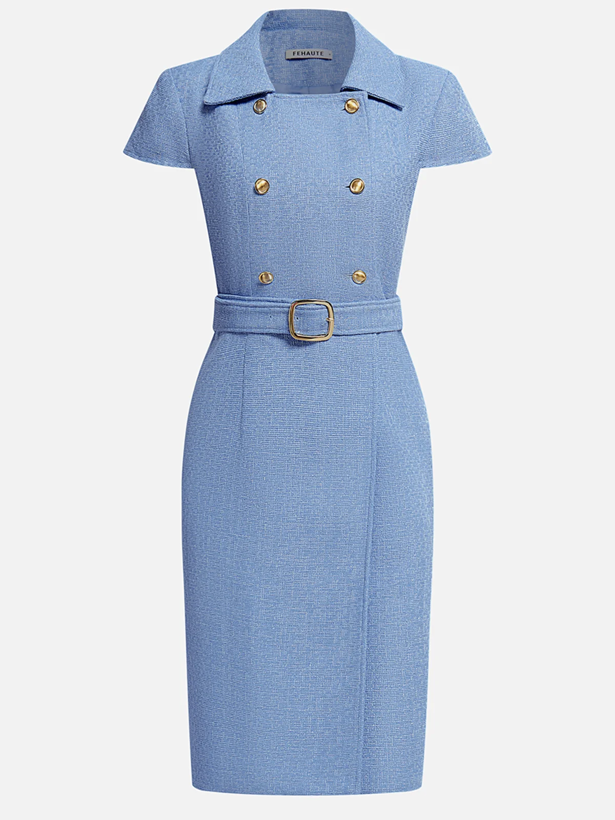 Blue Short Sleeve Knee-Length Shirt Dress