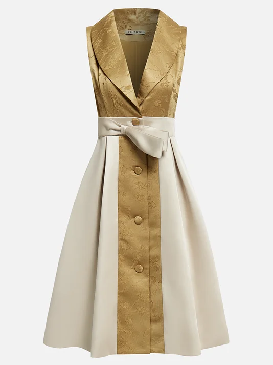 Yellow Metallic Collared Sleeveless Tie Waist A-Line Midi Dress with Pockets