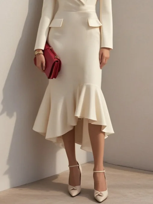 White Shawl Collar Long Sleeve Mermaid Midi Blazer Dress