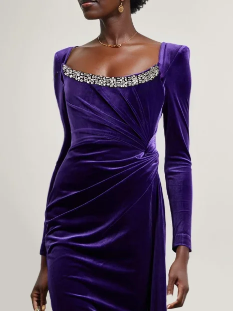 Purple Velvet Rhinestones Square Neck Long Sleeve Sheath Midi Dress