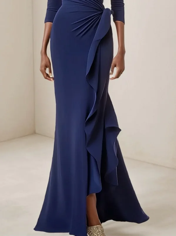 Dark Blue Ruched V Neck Long Sleeve A-Line Floor Length Dress