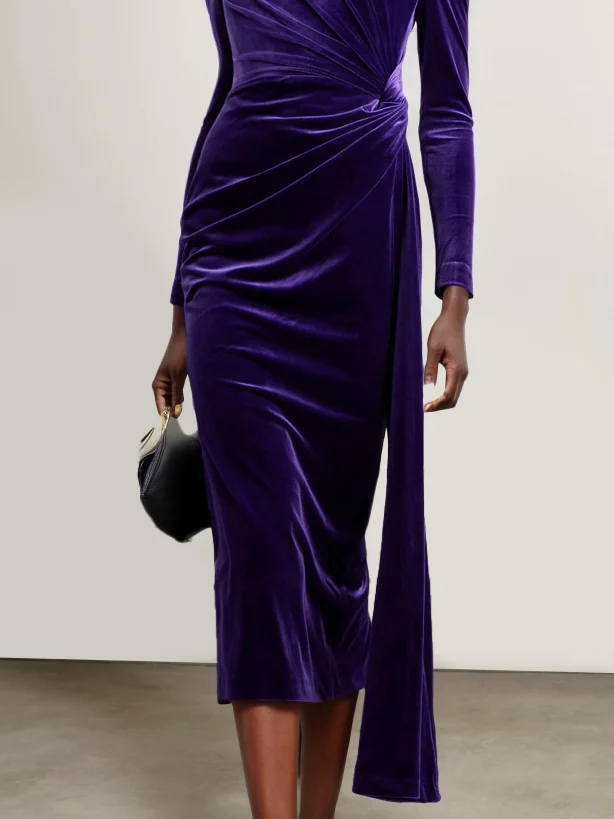 Purple Velvet Rhinestones Square Neck Long Sleeve Sheath Midi Dress