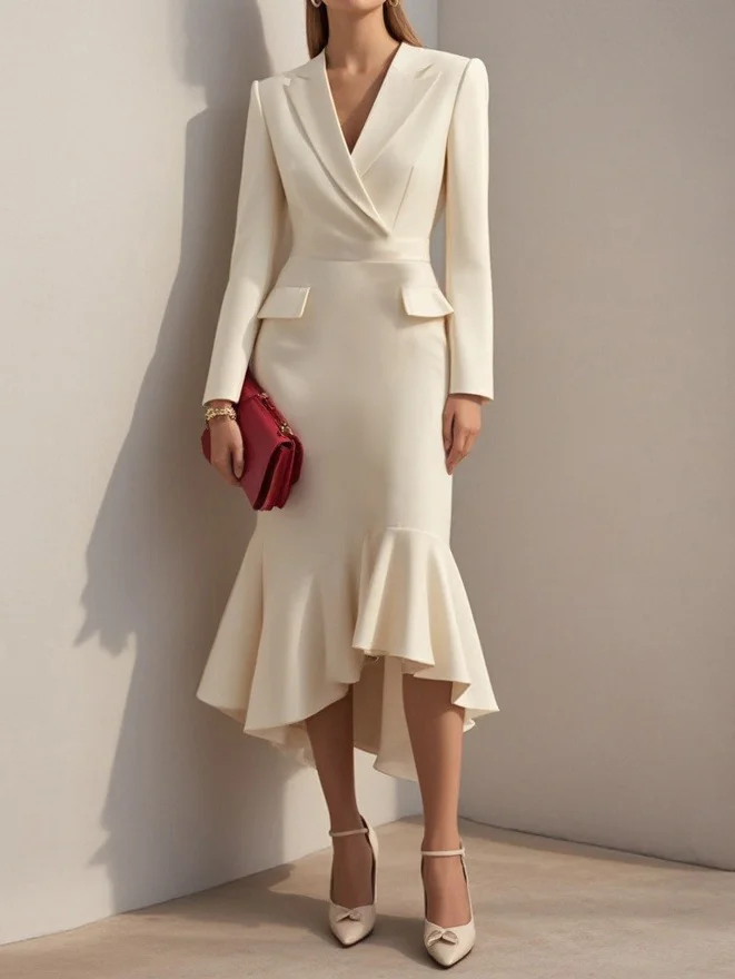 White Shawl Collar Long Sleeve Mermaid Midi Blazer Dress