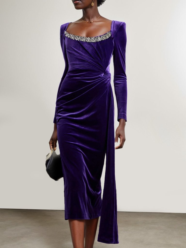 Purple Velvet Rhinestones Square Neck Long Sleeve Sheath Midi Dress