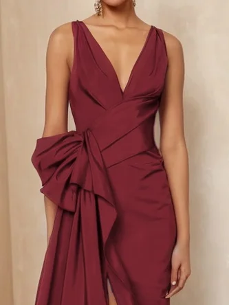 Blue Ruched V Neck Dresses Sleeveless A-Line Gown 