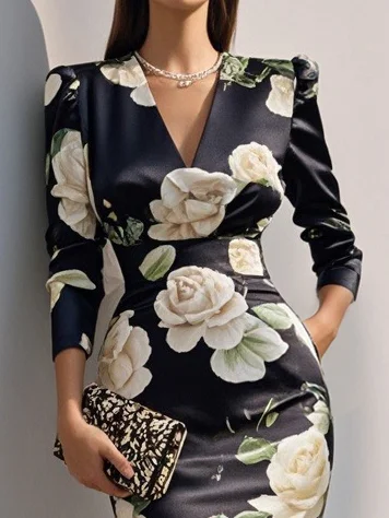 Black Floral V Neck Long Sleeve Sheath Midi Satin Dress