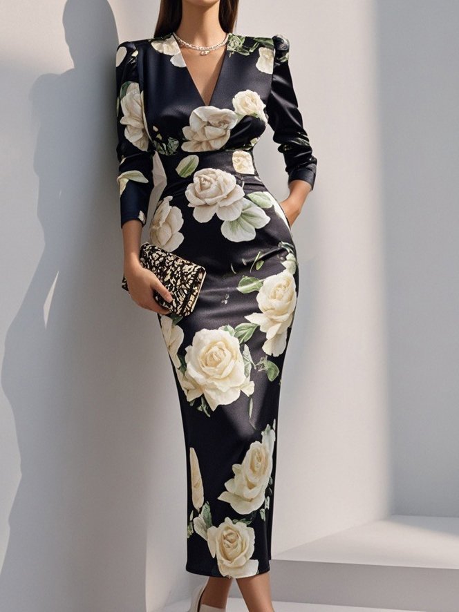 Black Floral Printing V Neck Long Sleeve Midi Dress