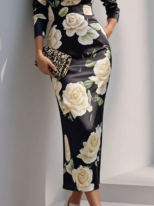 Black Floral V Neck Long Sleeve Sheath Midi Satin Dress