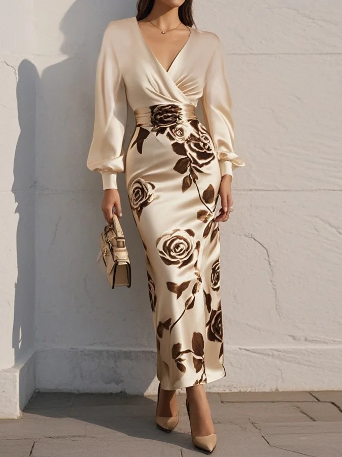 Apricot Floral Printing V Neck Long Puff Sleeve Satin Maxi Dress