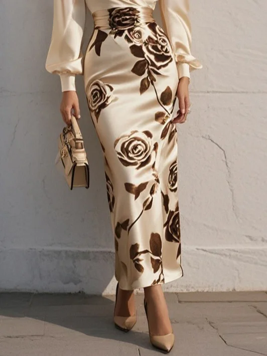 Apricot Floral Printing V Neck Long Puff Sleeve Satin Maxi Dress