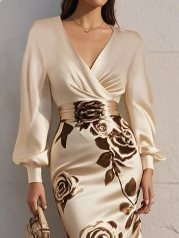 Apricot Floral V Neck Long Puff Sleeve Satin Sheath Maxi Satin Dress