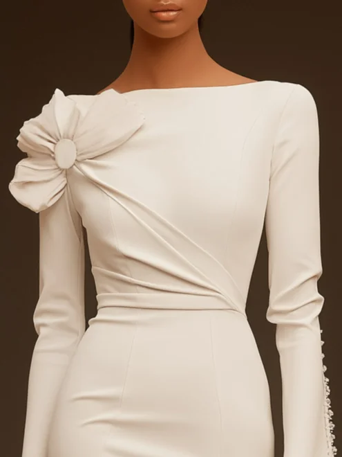 White Bow Long Sleeve Knee Length Dress