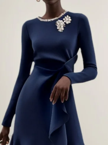 Navy Blue Rhinestone Long Sleeve A-Line Midi Dress