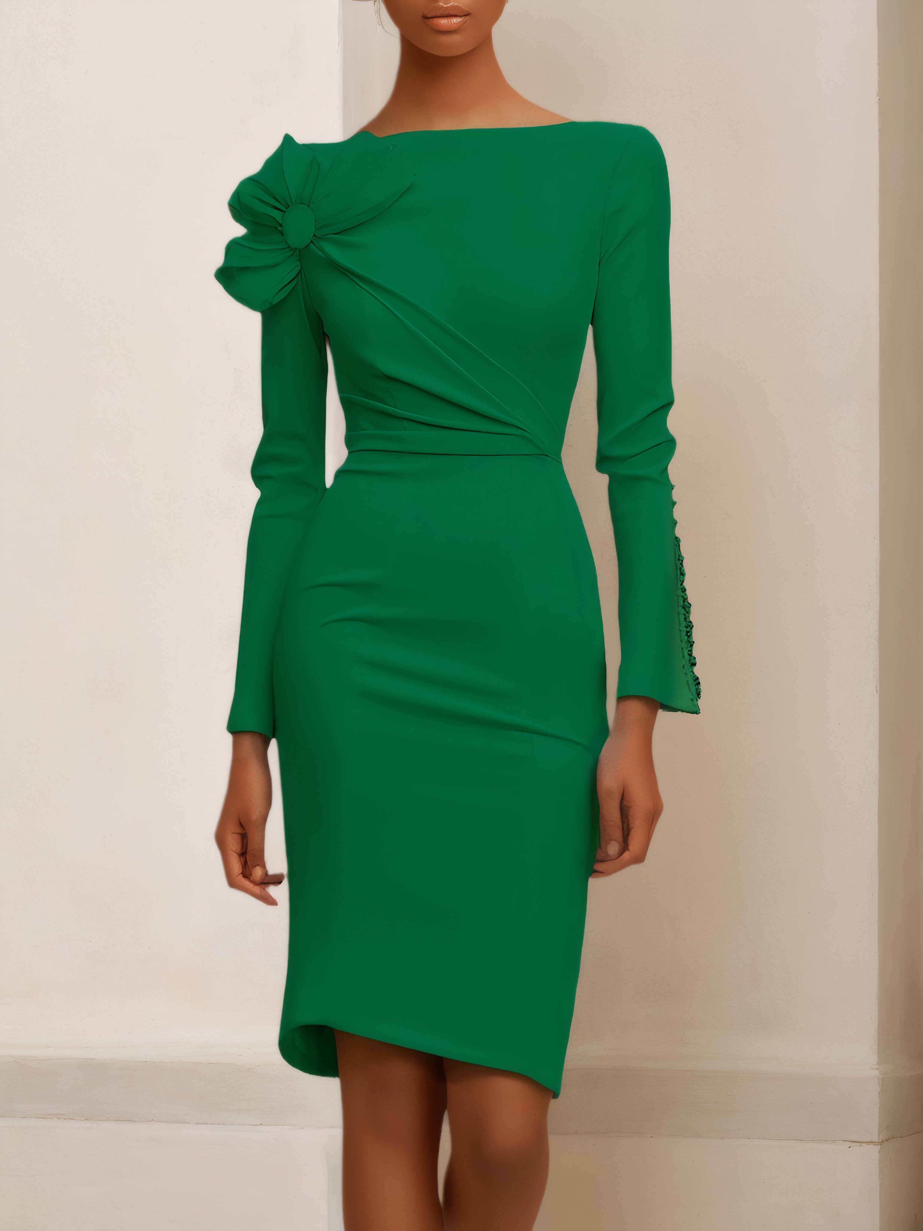 White Bow Long Sleeve Sheath Midi Dress