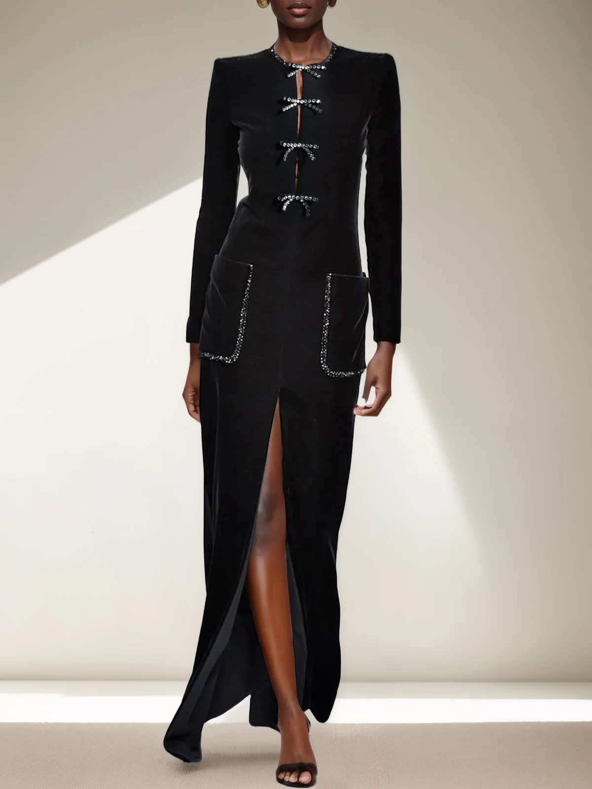 Black Bow Velvet Long Sleeve Slit Sheath Maxi Dress