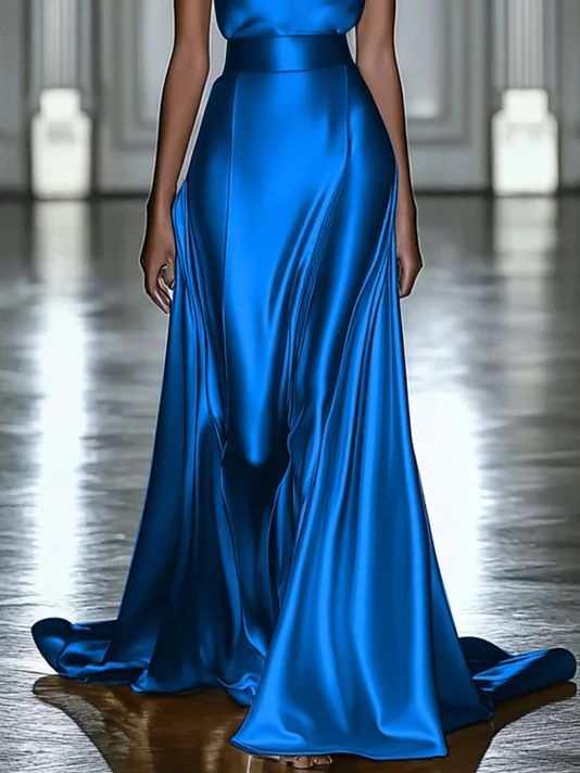 Blue Rhinestone Halter Sleeveless A-Line Gown