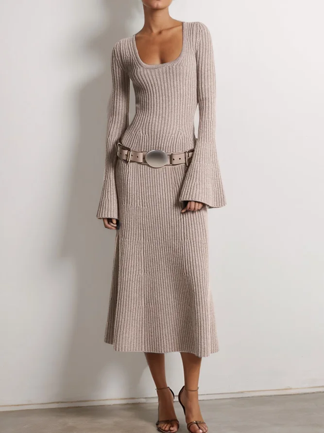 Wool Light Khaki U-Neck Long Sleeve Bell Sleeve A-Line Midi Sweater Dresses