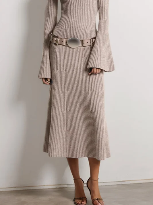 Wool Light Khaki U-Neck Long Sleeve Bell Sleeve A-Line Midi Sweater Dresses