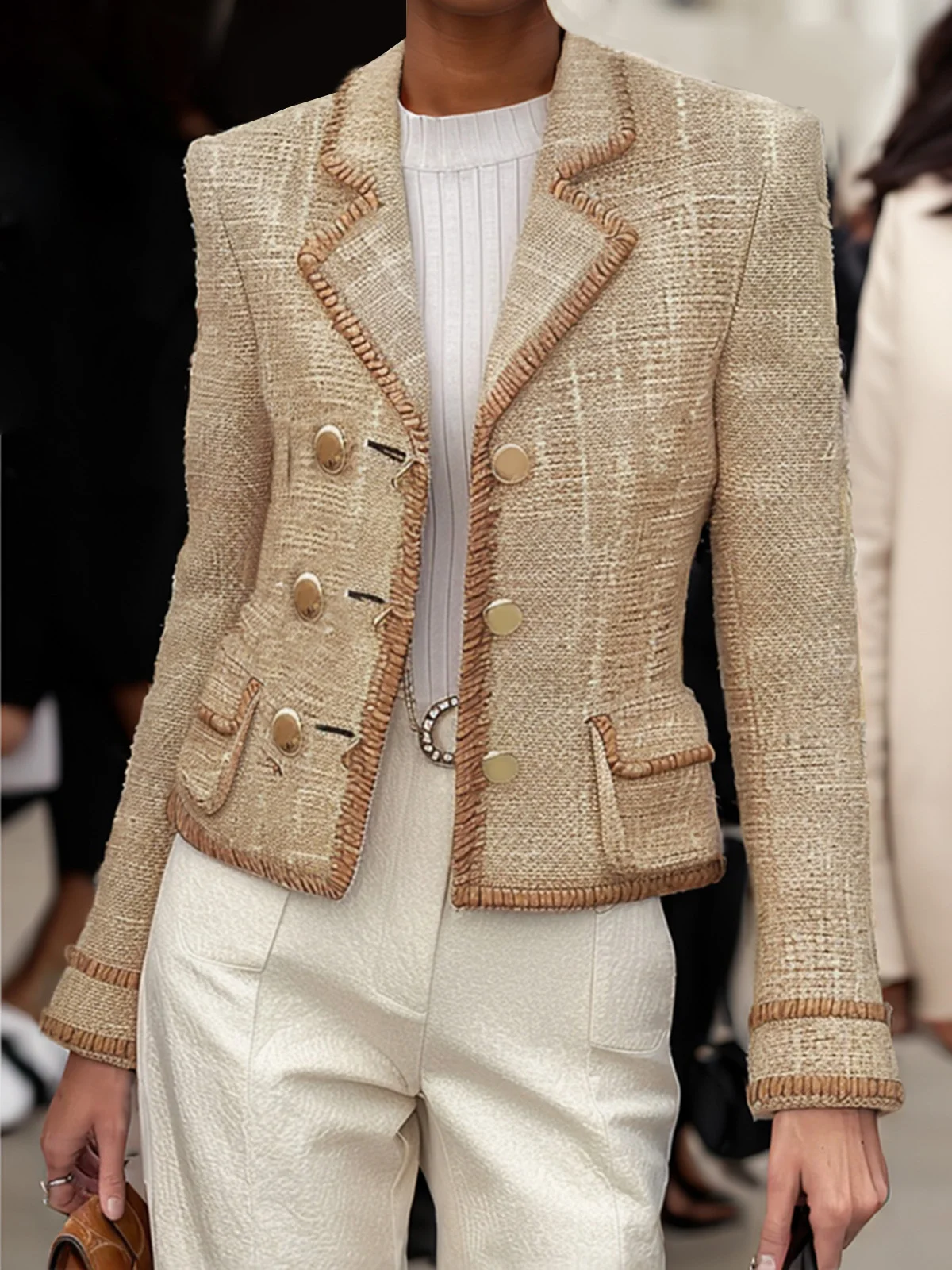 Women Khaki Lapel Collar Buckle Tweed Blazer With Pockets