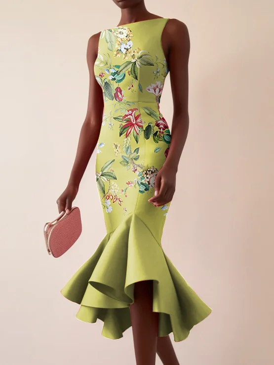 Green Floral Boat Neck Sleeveless Mermaid Midi Dress 