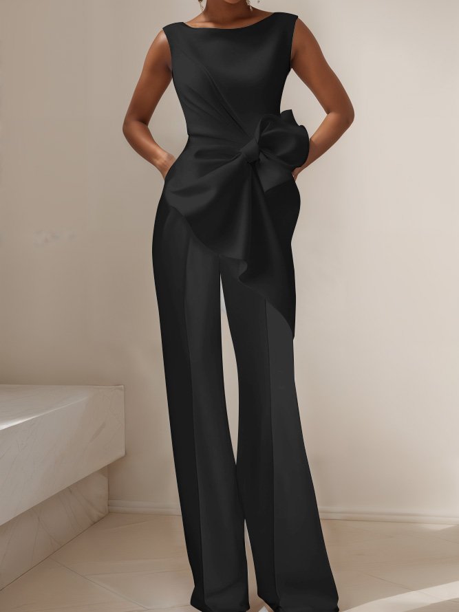 Women White Boat Neck Sleeveless Bow Wide-Leg Jumpsuit