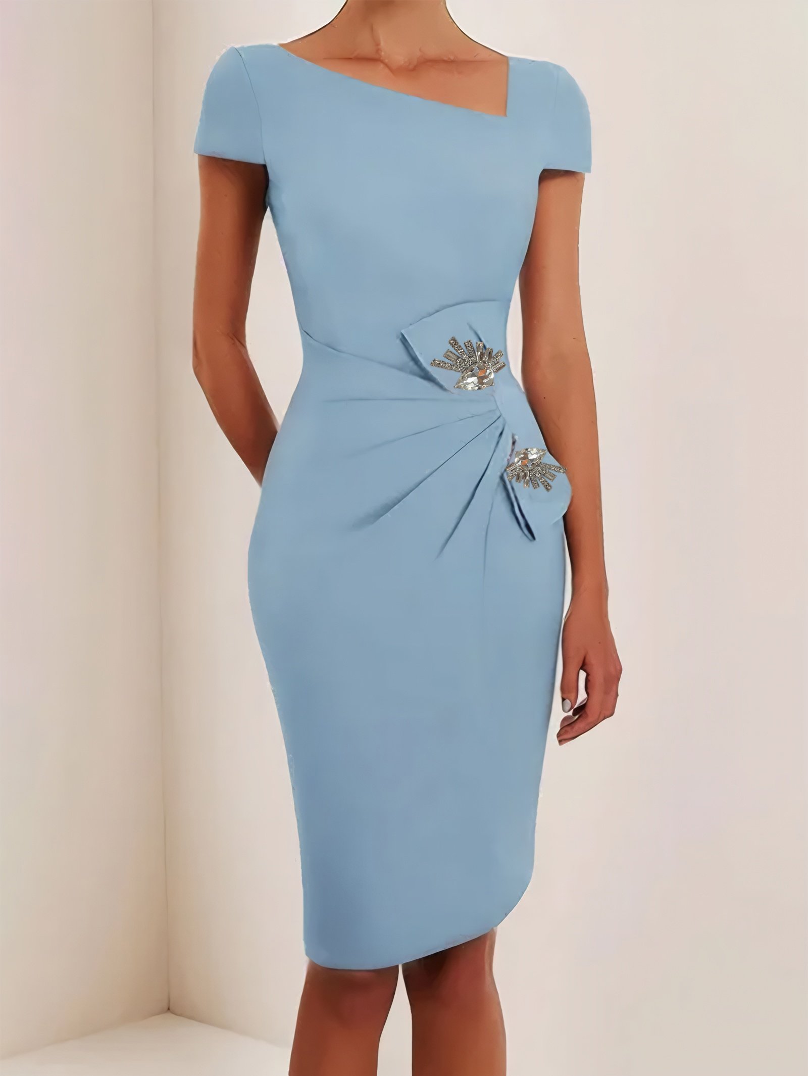 Light Blue Rhinestone Bow Short Sleeve Sheath Midi Dress