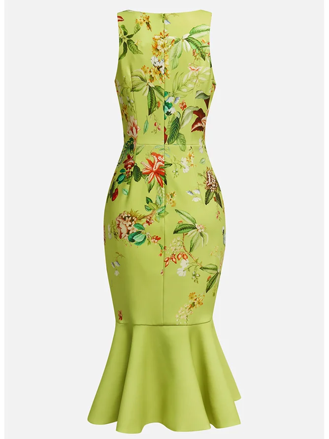 Green Floral Boat Neck Sleeveless Mermaid Midi Dress 