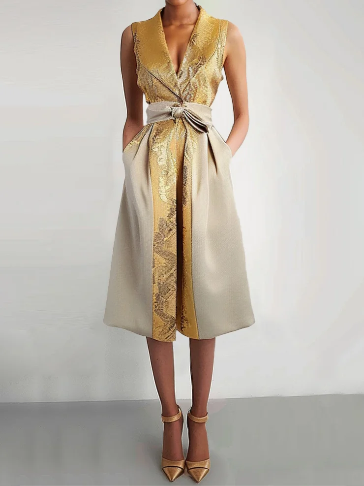 Golden Metallic Collared Sleeveless Tie Waist A-Line Midi Dress with Pockets