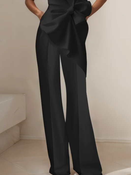 Women White Boat Neck Sleeveless Bow Wide-Leg Jumpsuit