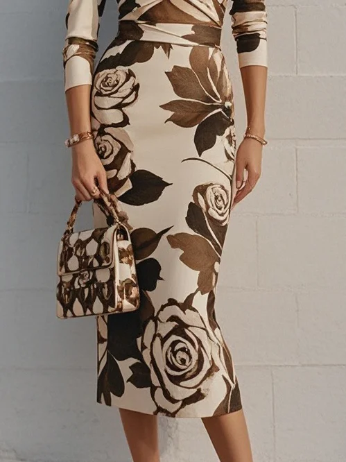 Brown Floral V Neck Long Sleeve Sheath Midi Dress