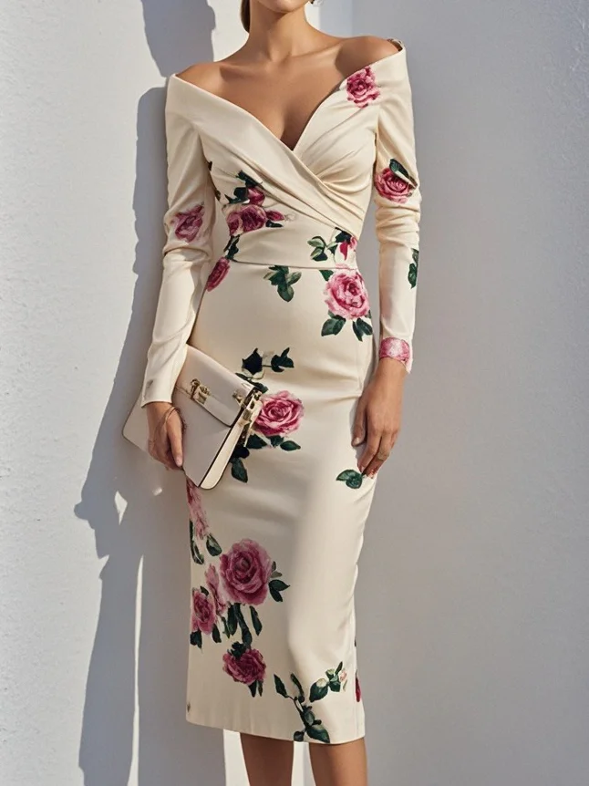 Off White Floral Off The Shoulder Long Sleeve Sheath Midi Dress