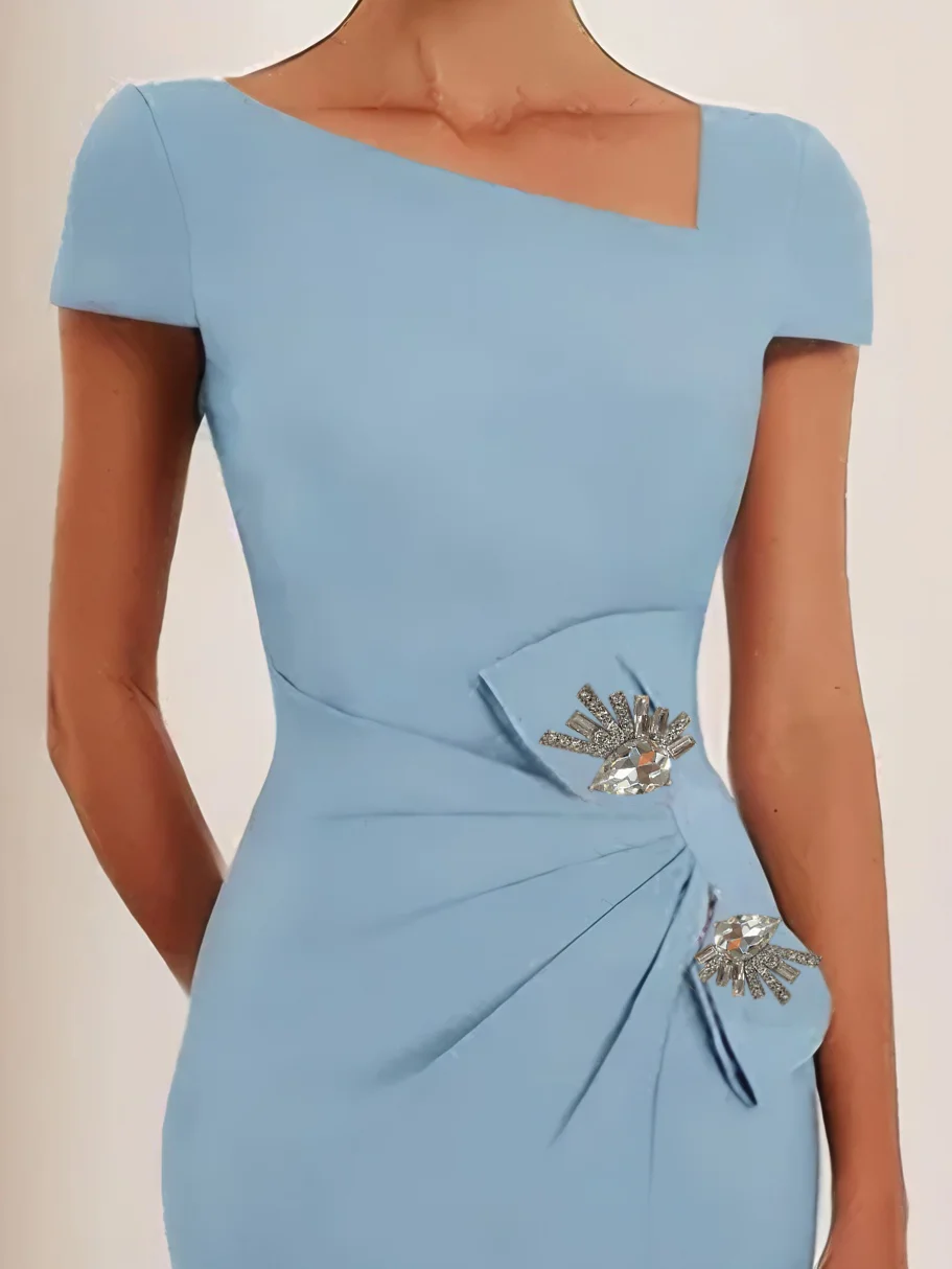 Light Blue Rhinestone Bow Short Sleeve Sheath Midi Dress