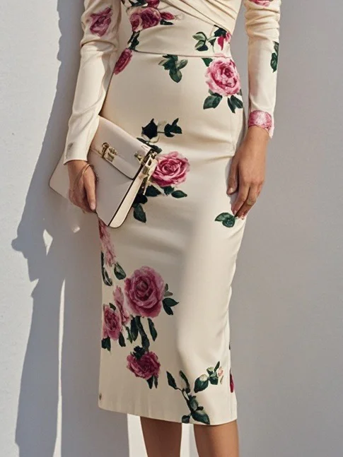 Off White Floral Off The Shoulder Long Sleeve Sheath Midi Dress