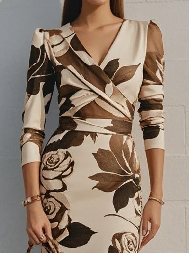 Brown Floral V Neck Long Sleeve Sheath Midi Dress