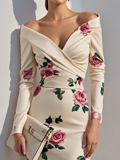 Off White Floral Off The Shoulder Long Sleeve Sheath Midi Dress