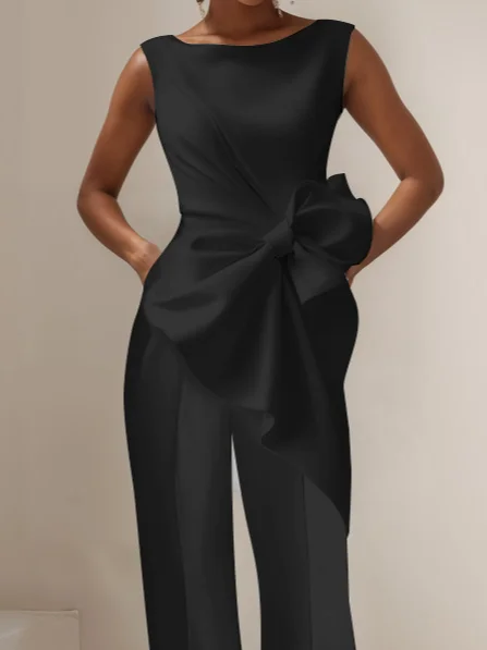 Women White Boat Neck Sleeveless Bow Wide-Leg Jumpsuit