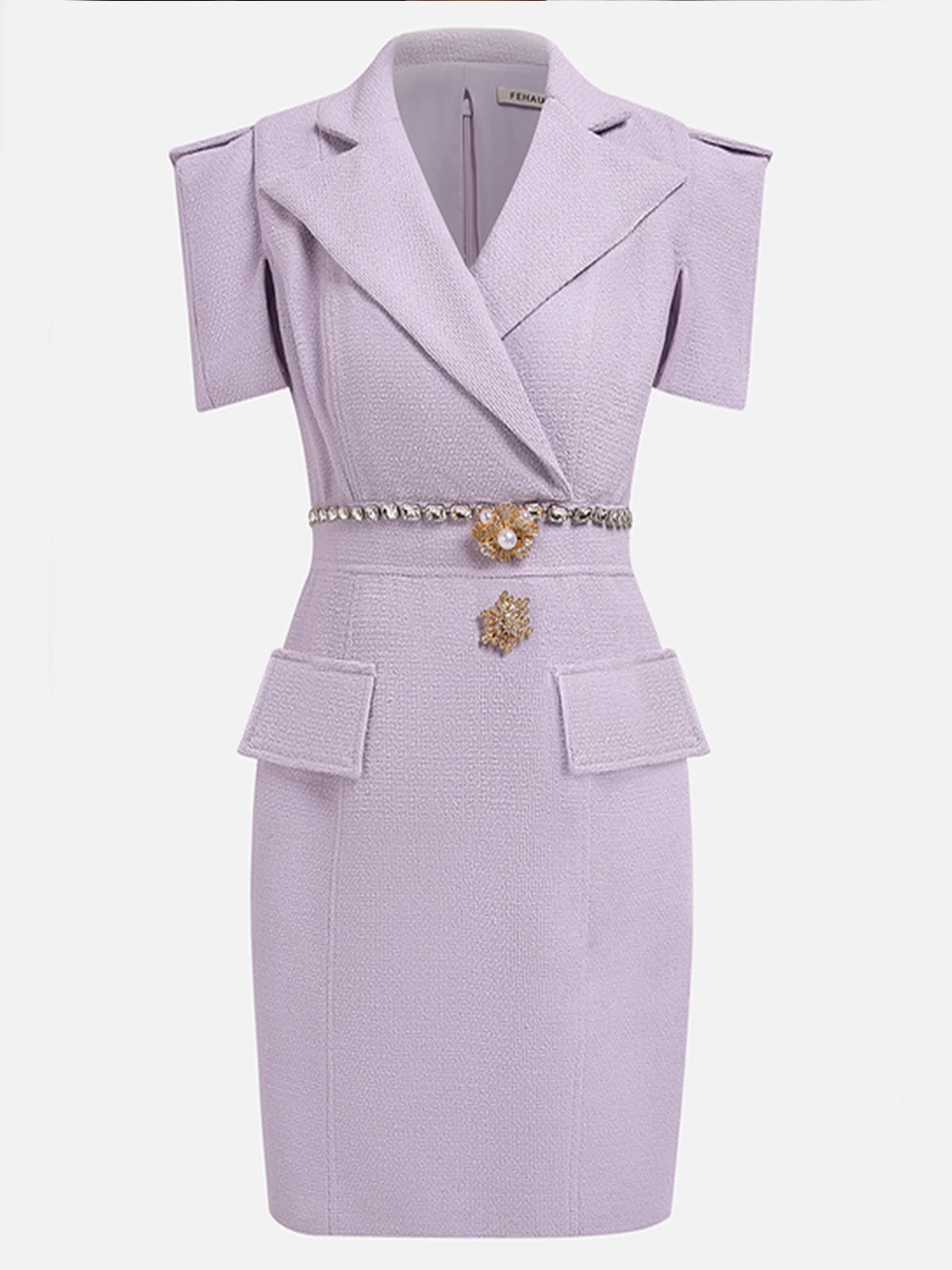 Purple Shawl Collar Short Sleeve Tweed Sheath Mini Dress