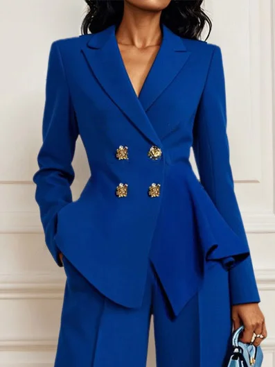 Women Buckle Lapel Collar Long Sleeve Two-Piece Set