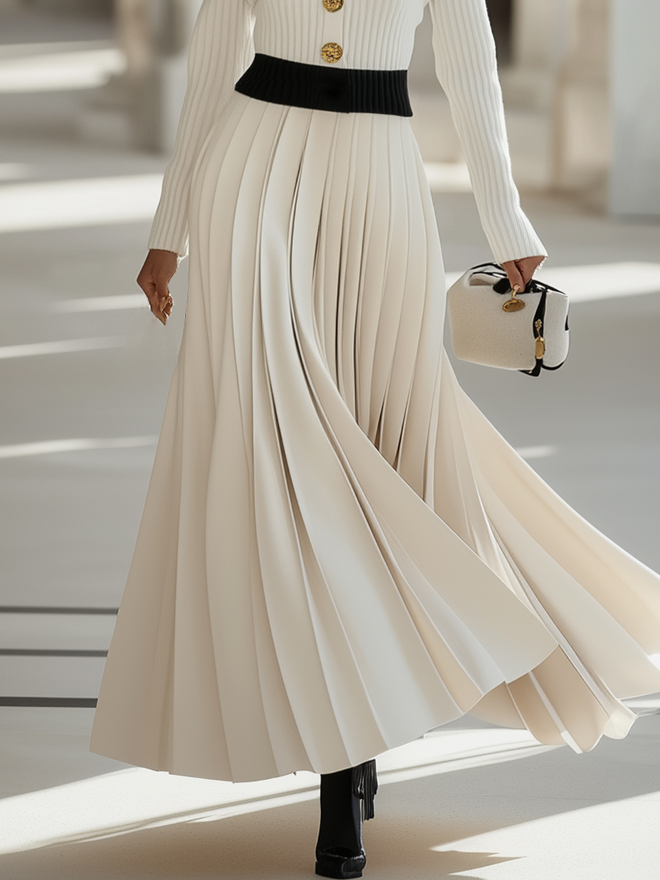 Off White Buckle Shawl Collar Long Sleeve A-Line Maxi Dress