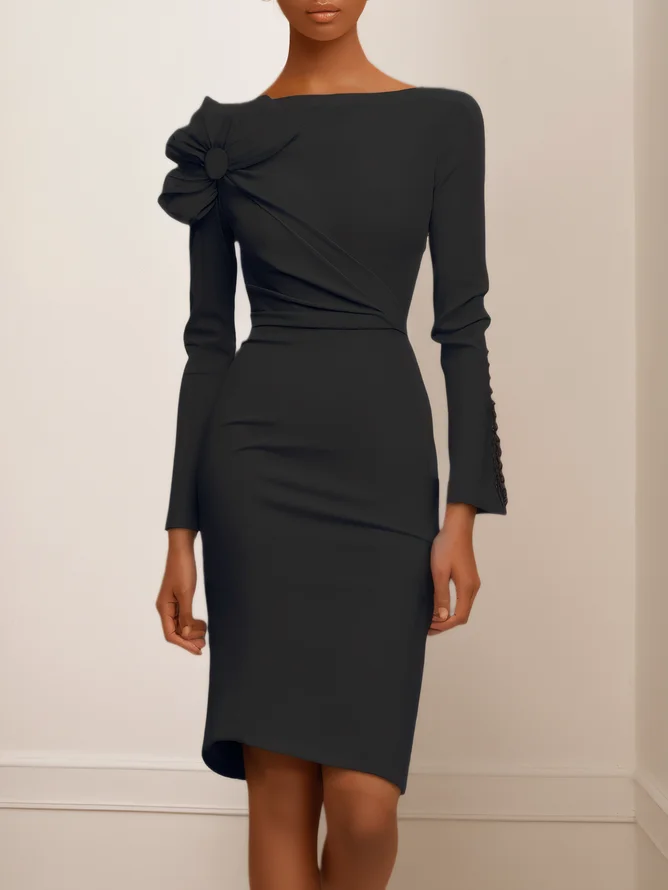 White Bow Long Sleeve Sheath Midi Dress