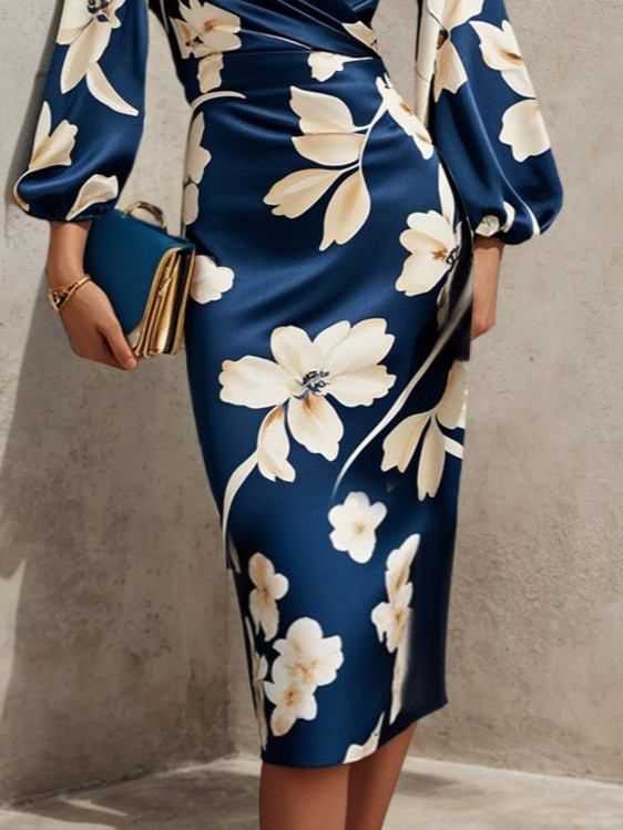 Blue Floral V Neck  Balloon Sleeve Midi Sheath Dress