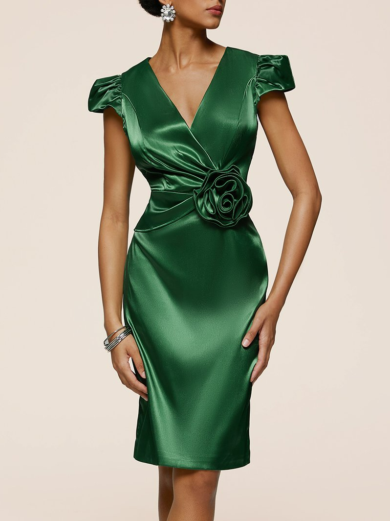 Green Petal Sleeve 3D Floral Satin Sheath Midi Dress